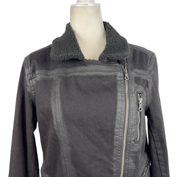 PAIGE Sydney Moto Jacket Night Flight Sherpa Coated Black Stretch Denim Large - Picture 4 of 16